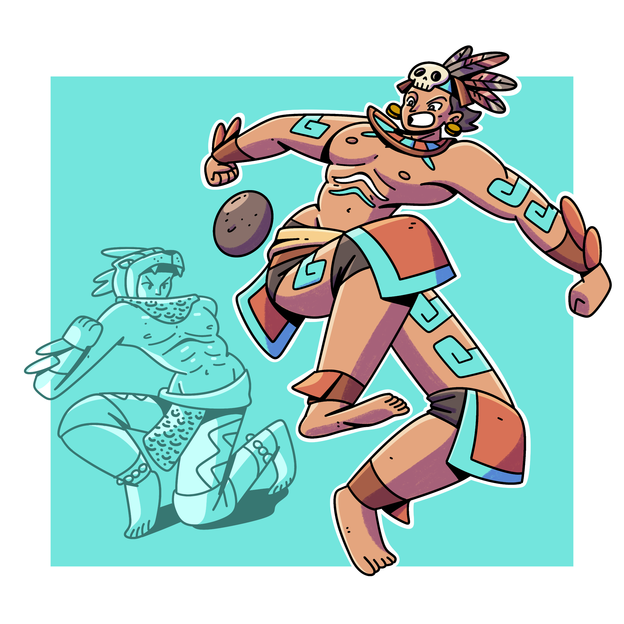 Dibujo a color de Balam, un hombre prehispánico saltando en una pose dinámica mientras golpea una pelota con su cadera derecha. Viste un taparrabos, lleva muñequeras, tobilleras, un collar turquesa y un penacho con plumas adornado con un pequeño cráneo en la frente. A la izquierda, detrás del jugador principal, se observa la silueta de otro jugador en una pose agachada y defensiva, vistiendo un penacho que asemeja la cabeza de un jaguar.