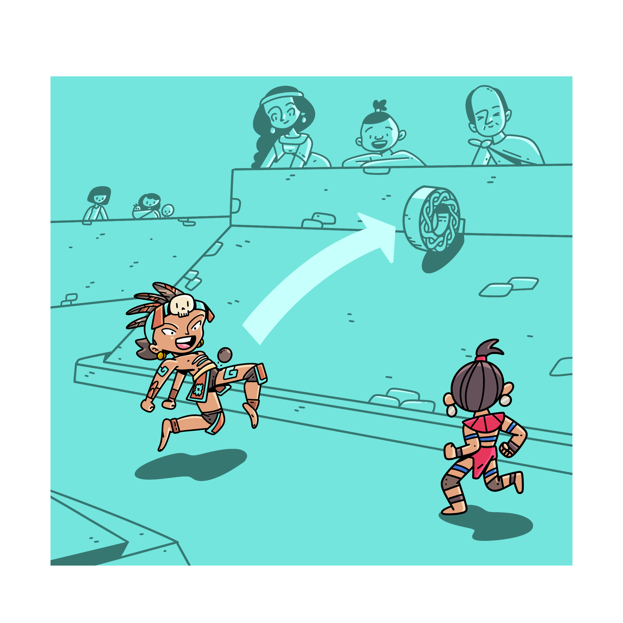 Dibujo del antiguo juego de pelota mesoamericano. En una cancha con muros de piedra, un jugador con un penacho de plumas y atuendo tradicional salta en el aire tras golpear una pelota con la cadera. Una flecha blanca indica la trayectoria de la pelota hacia un aro de piedra fijado verticalmente en la pared. Al fondo, un pequeño grupo de espectadores observa la acción desde arriba de los muros.