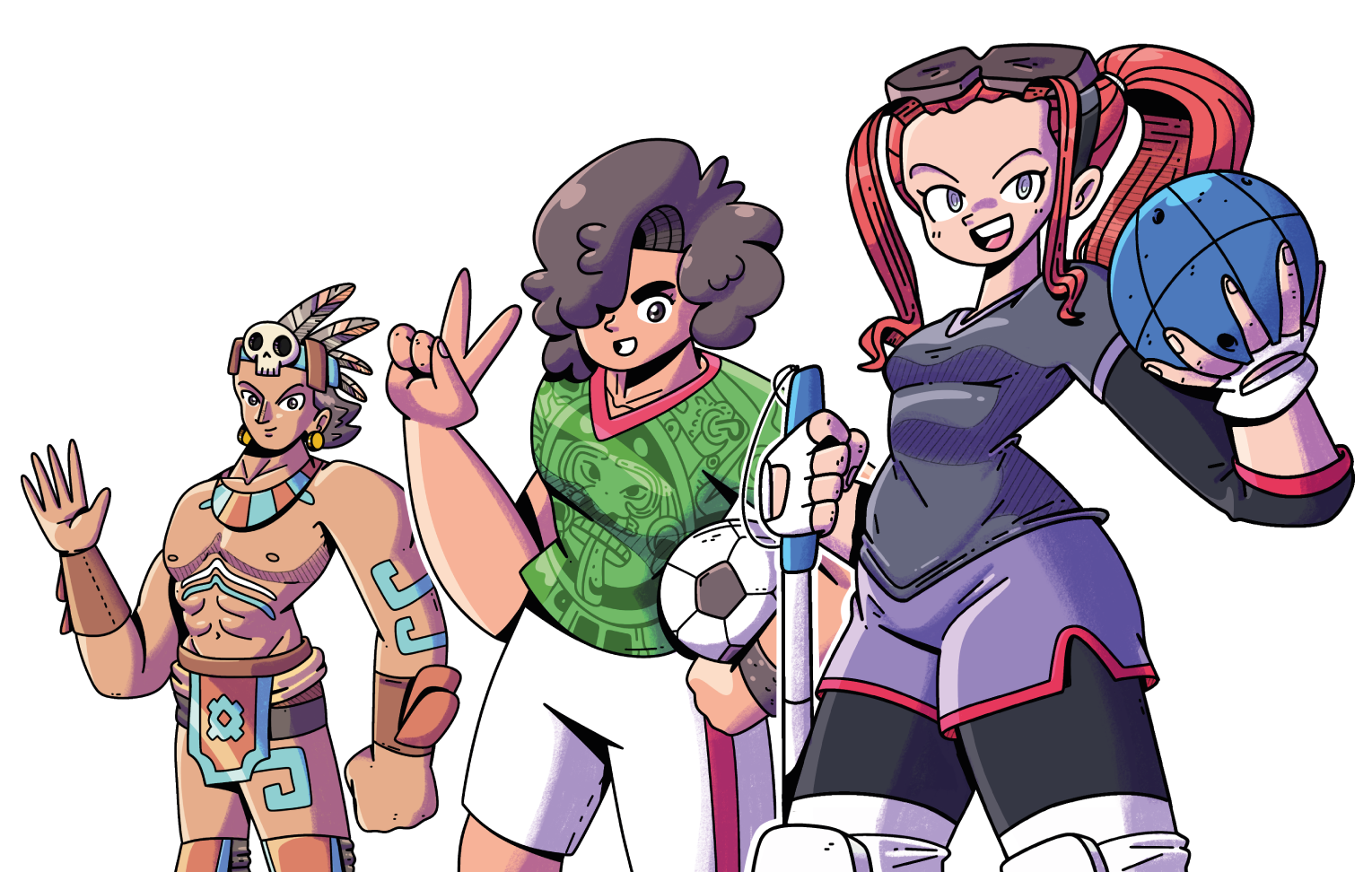 Dibujo estilo anime de 3 personajes: un jugador de juego de pelota maya, una persona con el uniforme de la selección mexicana y un balón de soccer en su brazo, y una mujer con discapacidad visual sosteniendo un bastón blanco y un balón con cascabeles en su interior.