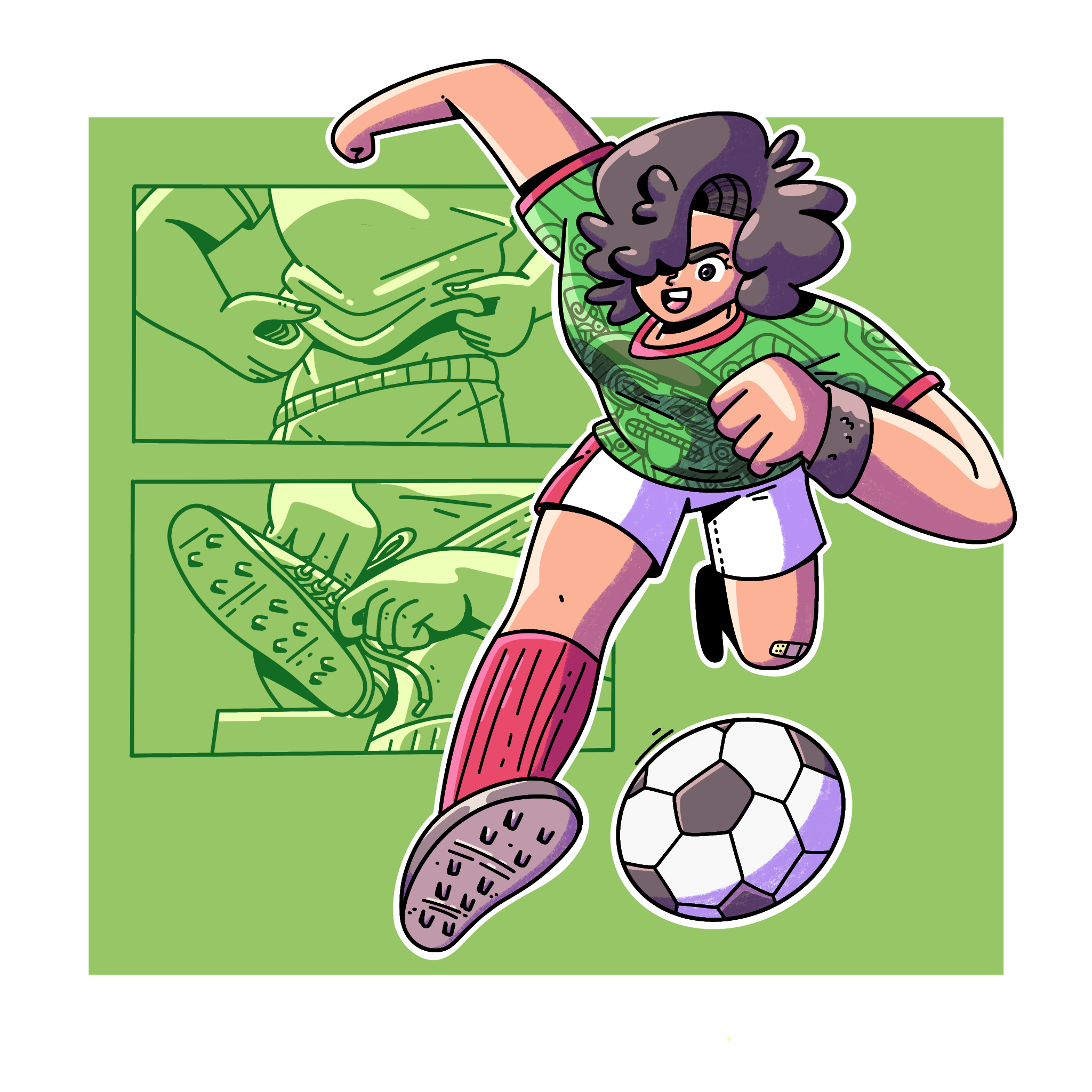 Dibujo a color de Dani preparándose para patear un balón de fútbol. Viste un uniforme con los colores de la bandera de México, una camiseta verde con detalles rojos, shorts blancos y calcetines largos de color rojo. Al fondo aparecen dos dibujos sin color que muestran cómo se coloca la playera y se amarra los tacos: unos tenis especiales con puntas que le ayudan a no resbalarse mientras juega.