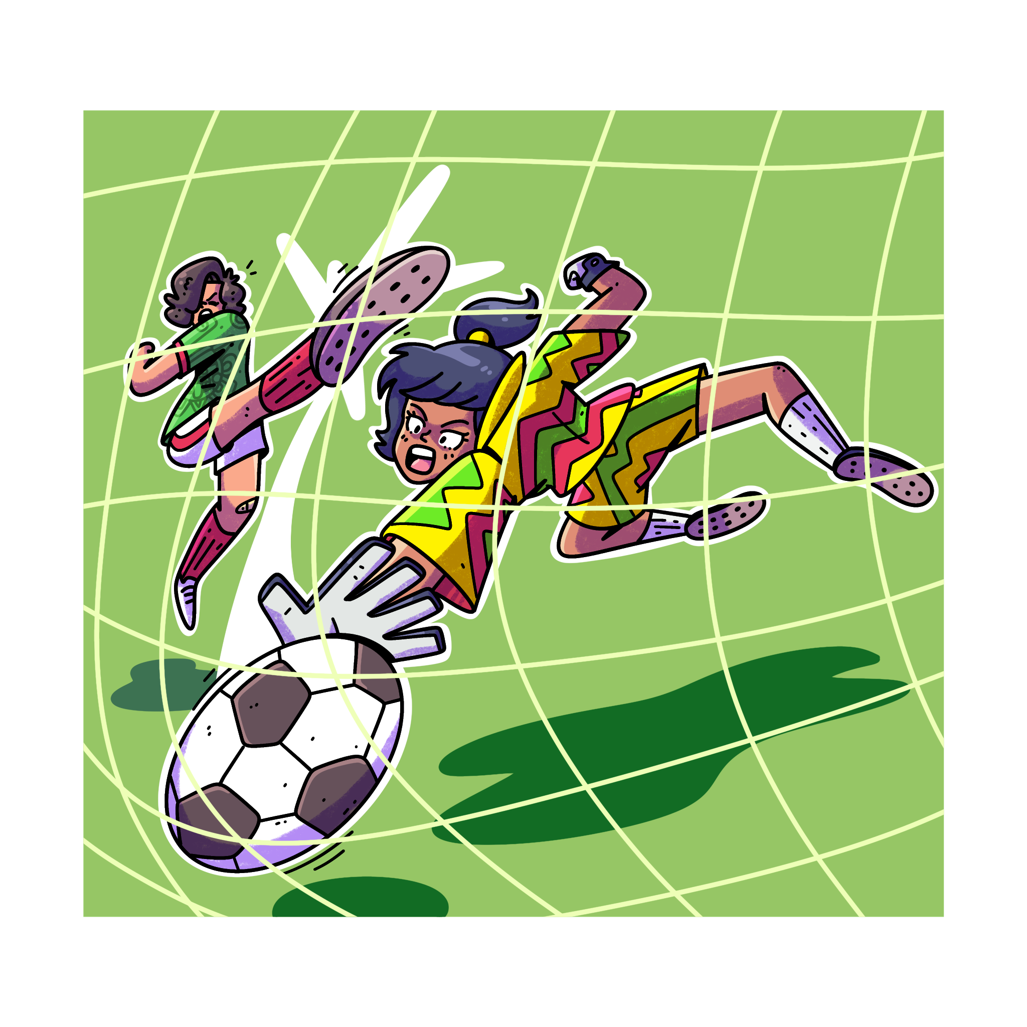 Dibujo a color de una intensa jugada en un partido de fútbol. En el primer plano, una portera con uniforme amarillo, rojo y verde se lanza horizontalmente hacia su izquierda para atajar un balón de fútbol que va directo a la portería disparado por Dani. El fondo simula el césped verde de la cancha.