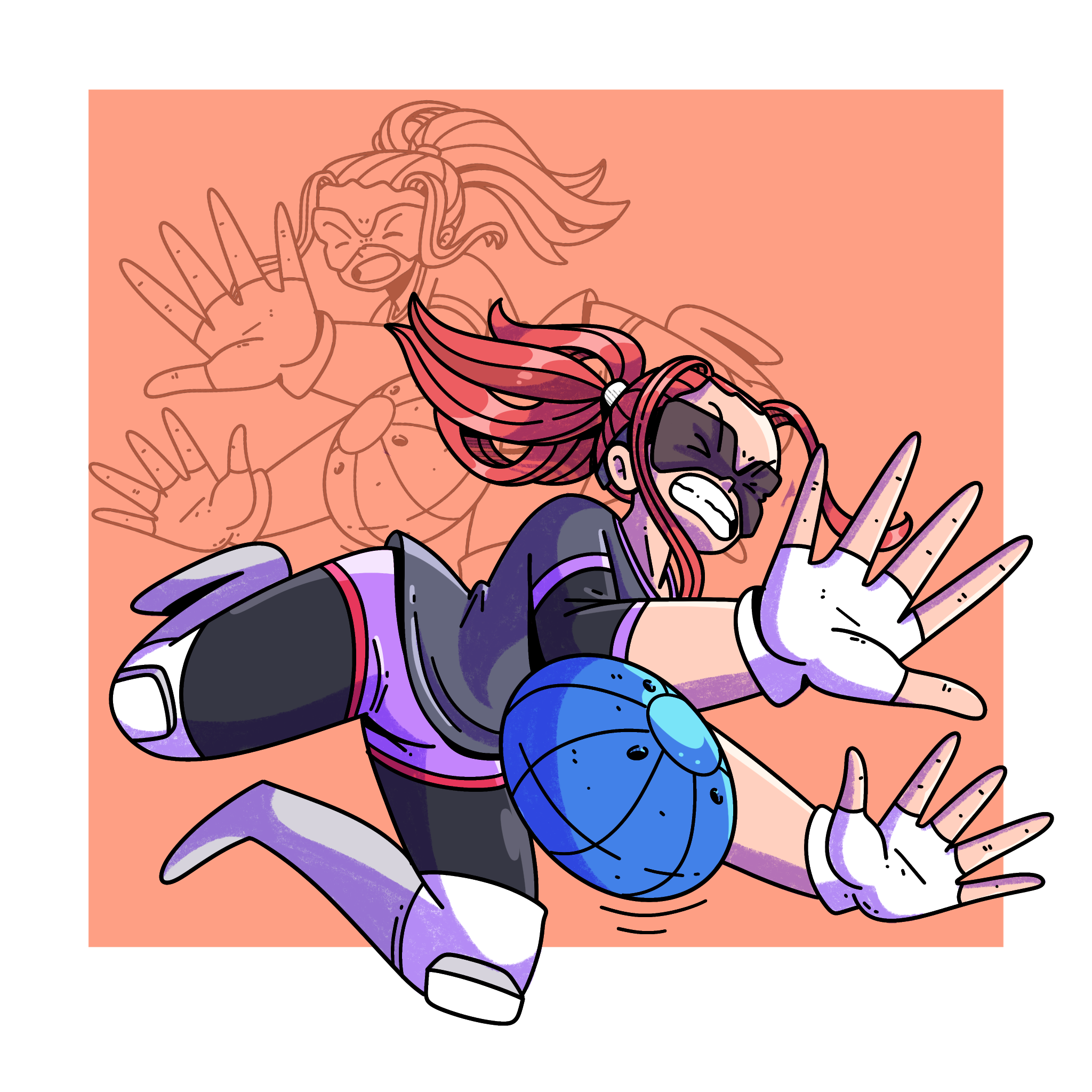 Dibujo a color de Marissa, una jugadora de gólbol ciega lanzándose para bloquear un balón que escucha a su derecha. La figura destaca sobre un fondo de color naranja claro.