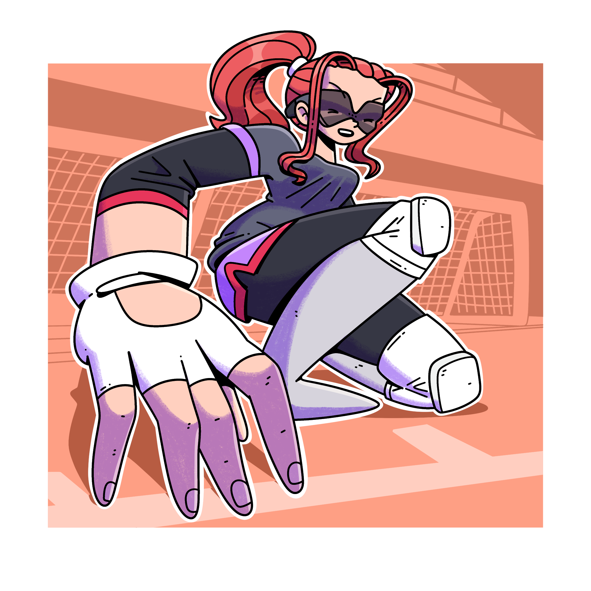 Dibujo a color de Marissa con una rodilla en el piso, extendiendo su mano derecha para sentir las líneas con relieve que tiene la cancha de gólbol. Lleva un antifaz negro, una camiseta deportiva oscura y guantes y rodilleras blancas. Al fondo se ve una portería que ocupa todo el ancho de la cancha.